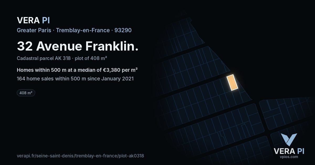 32 Avenue Franklin, Tremblay-en-France at night – the plot lit, the parcels around coloured by the prices near them
