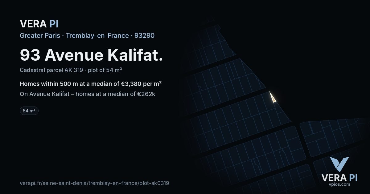93 Avenue Kalifat, Tremblay-en-France at night – the plot lit, the parcels around coloured by the prices near them