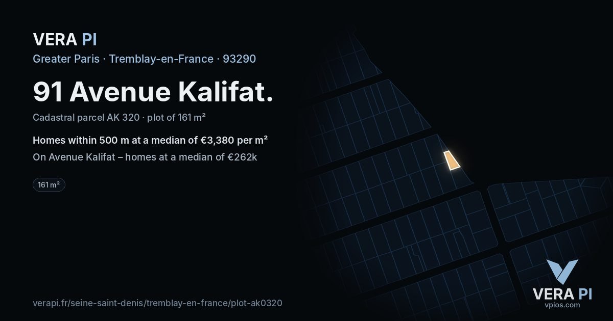 91 Avenue Kalifat, Tremblay-en-France at night – the plot lit, the parcels around coloured by the prices near them