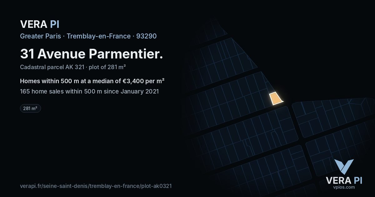 31 Avenue Parmentier, Tremblay-en-France at night – the plot lit, the parcels around coloured by the prices near them