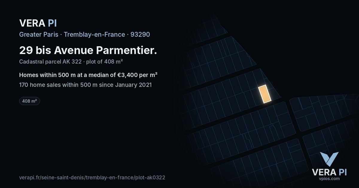 29 bis Avenue Parmentier, Tremblay-en-France at night – the plot lit, the parcels around coloured by the prices near them