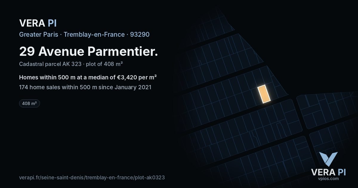 29 Avenue Parmentier, Tremblay-en-France at night – the plot lit, the parcels around coloured by the prices near them