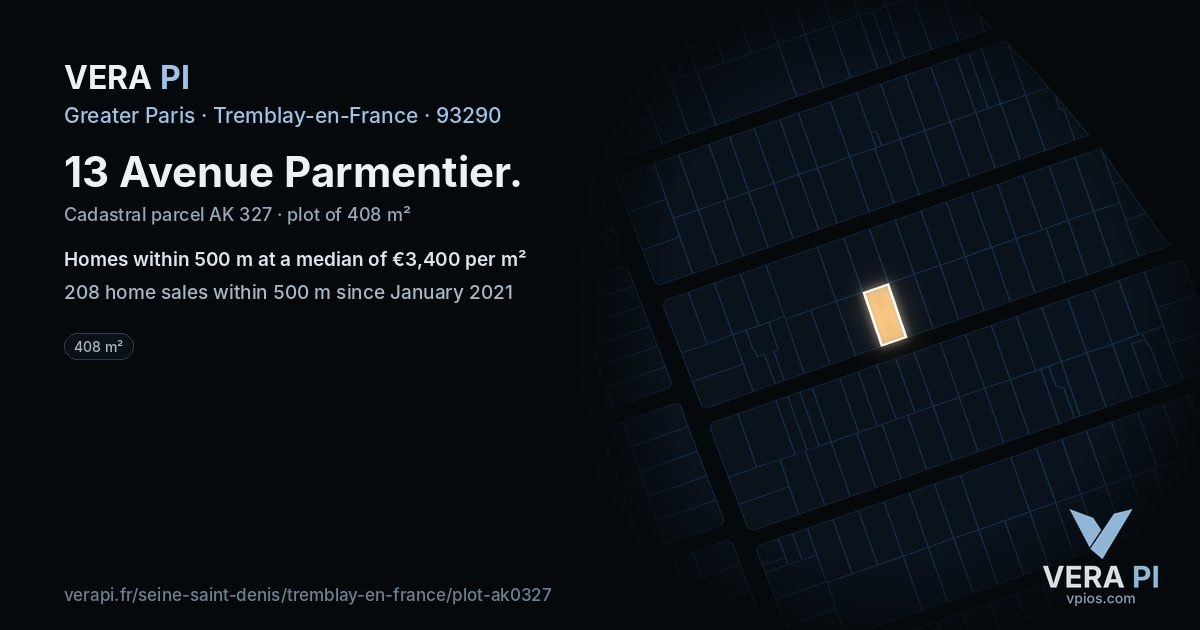 13 Avenue Parmentier, Tremblay-en-France at night – the plot lit, the parcels around coloured by the prices near them