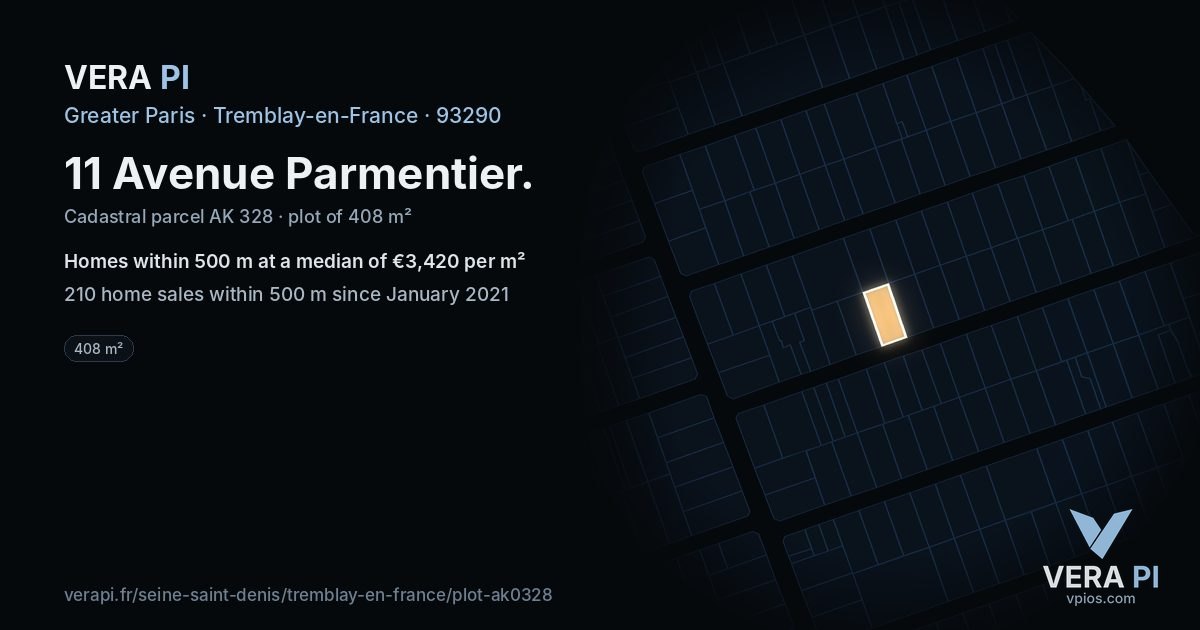 11 Avenue Parmentier, Tremblay-en-France at night – the plot lit, the parcels around coloured by the prices near them