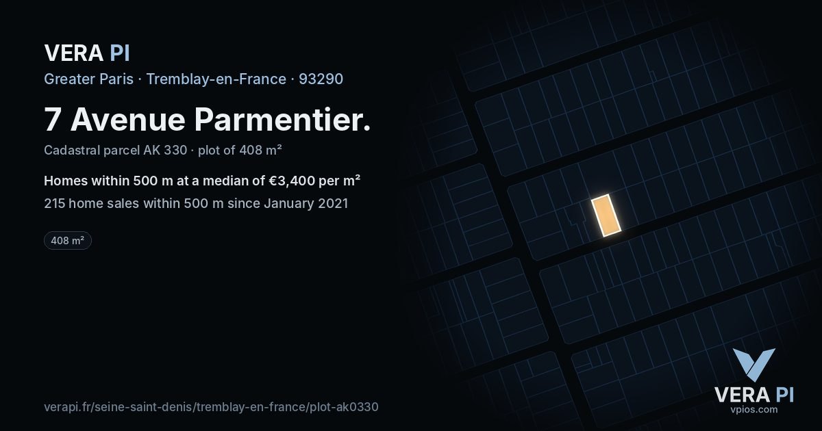 7 Avenue Parmentier, Tremblay-en-France at night – the plot lit, the parcels around coloured by the prices near them