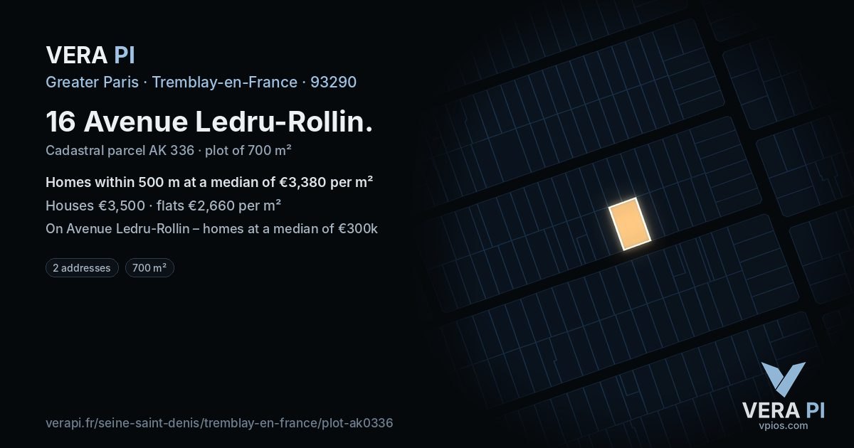 16 Avenue Ledru-Rollin, Tremblay-en-France at night – the plot lit, the parcels around coloured by the prices near them
