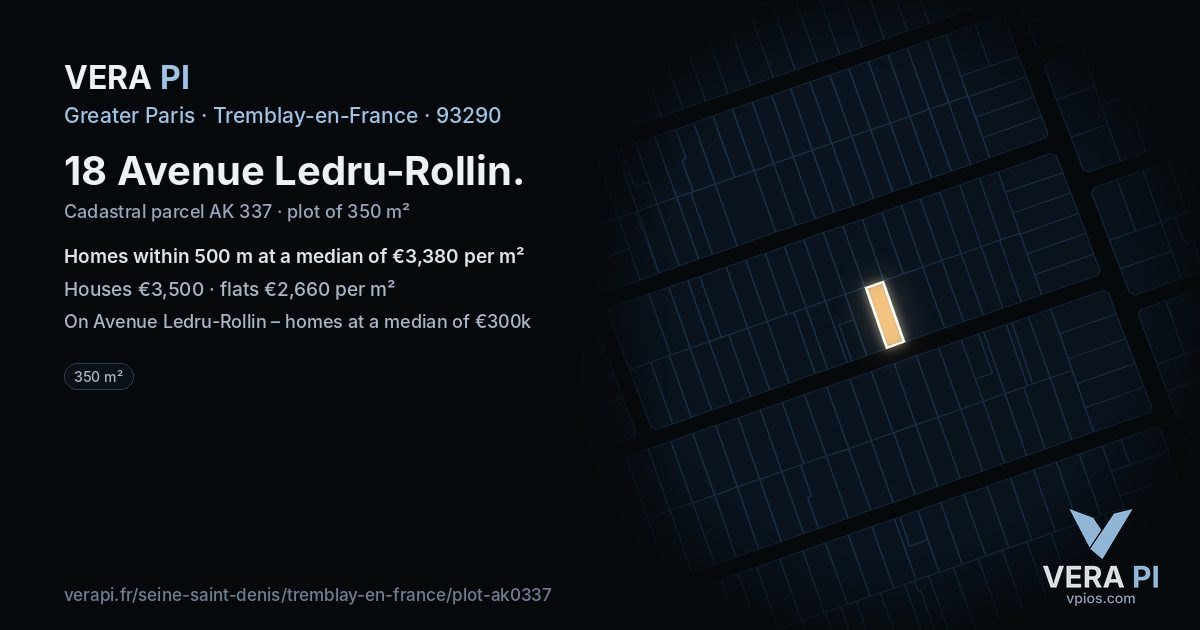 18 Avenue Ledru-Rollin, Tremblay-en-France at night – the plot lit, the parcels around coloured by the prices near them