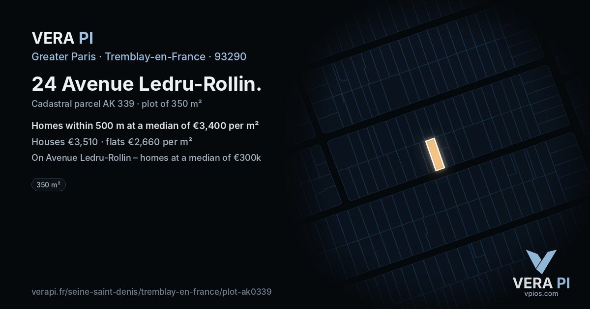 24 Avenue Ledru-Rollin, Tremblay-en-France at night – the plot lit, the parcels around coloured by the prices near them