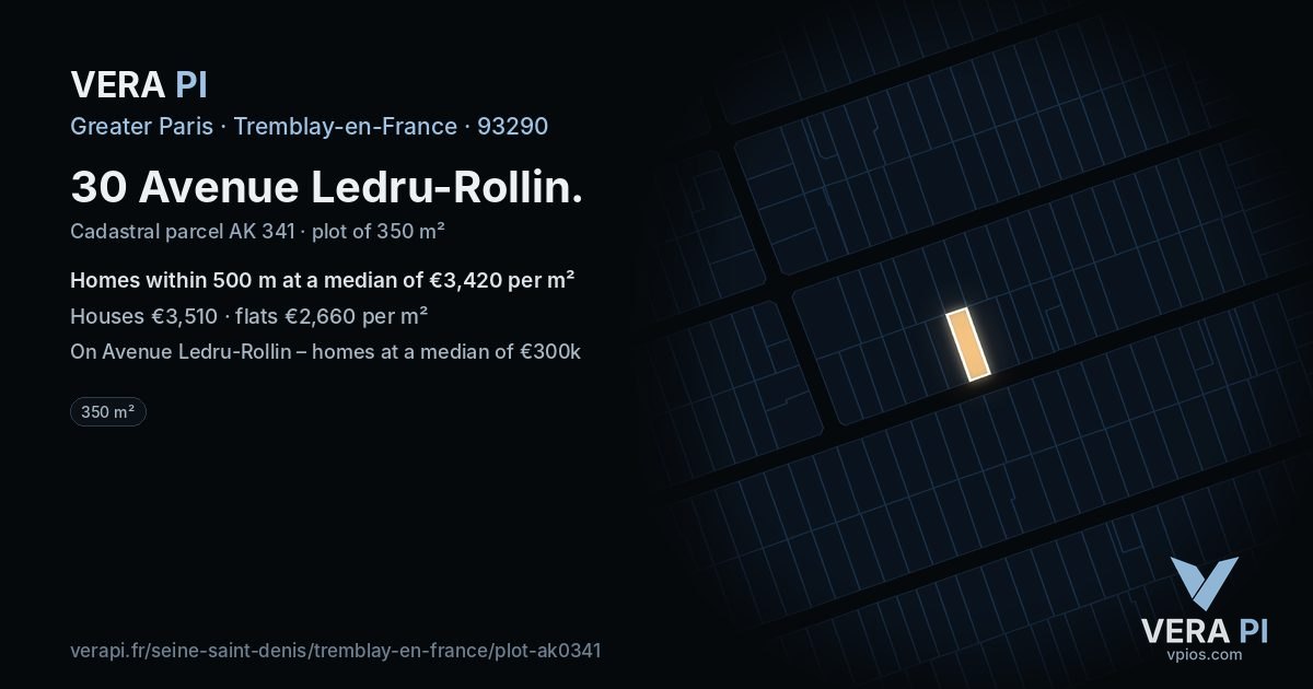 30 Avenue Ledru-Rollin, Tremblay-en-France at night – the plot lit, the parcels around coloured by the prices near them