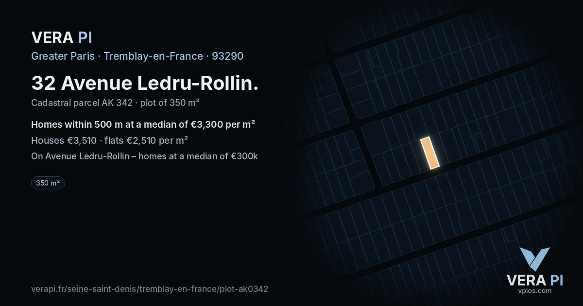 32 Avenue Ledru-Rollin, Tremblay-en-France at night – the plot lit, the parcels around coloured by the prices near them