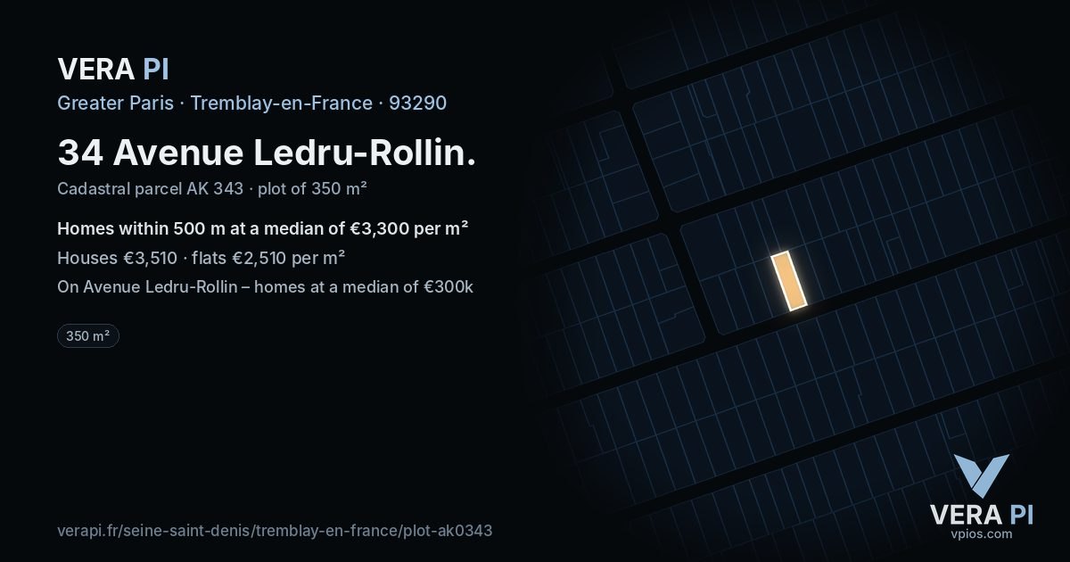 34 Avenue Ledru-Rollin, Tremblay-en-France at night – the plot lit, the parcels around coloured by the prices near them