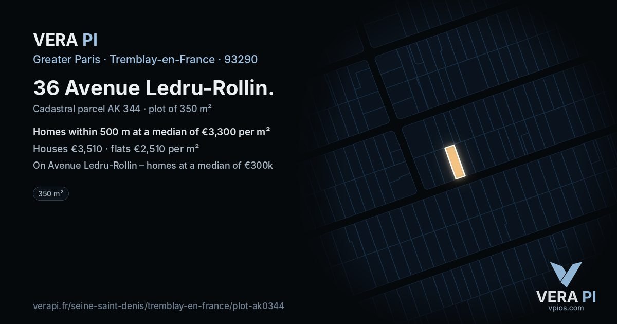 36 Avenue Ledru-Rollin, Tremblay-en-France at night – the plot lit, the parcels around coloured by the prices near them
