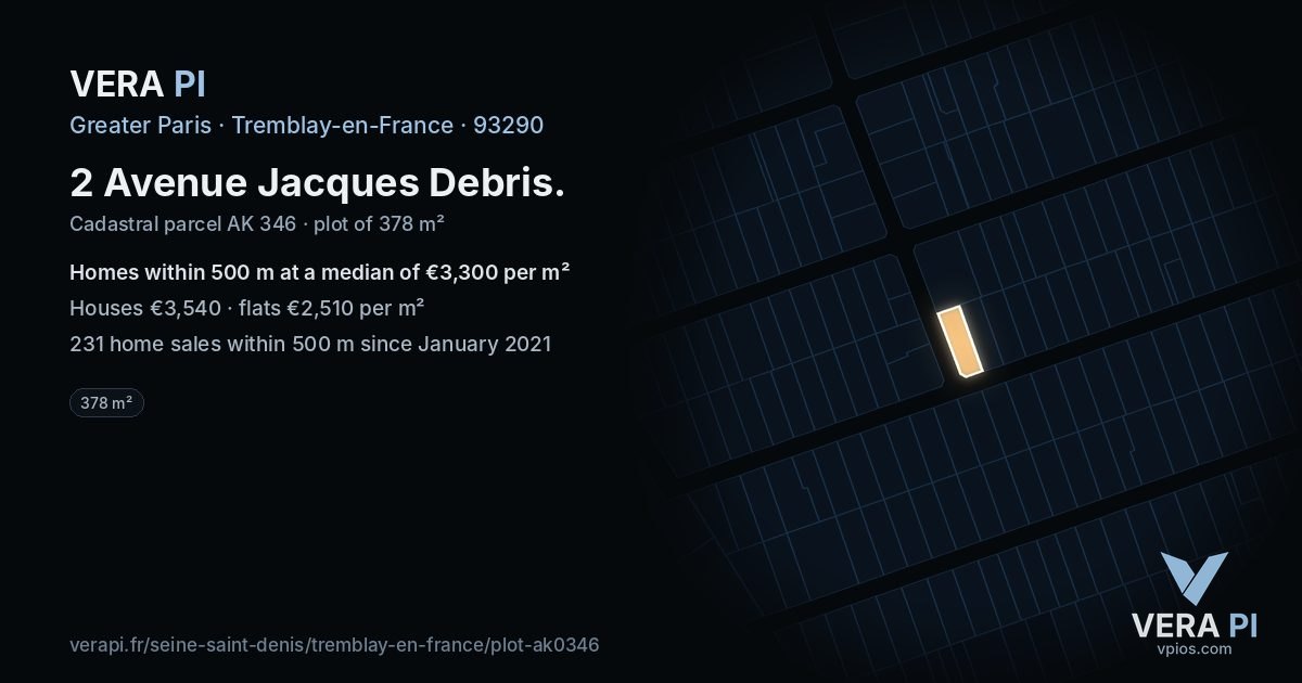 2 Avenue Jacques Debris, Tremblay-en-France at night – the plot lit, the parcels around coloured by the prices near them