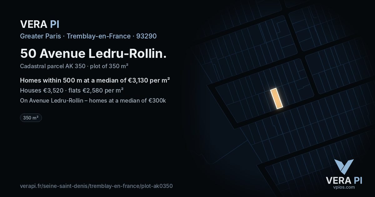 50 Avenue Ledru-Rollin, Tremblay-en-France at night – the plot lit, the parcels around coloured by the prices near them