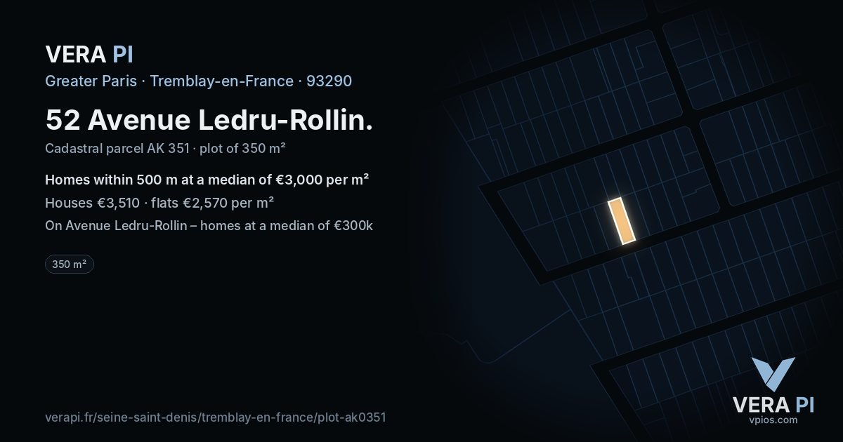 52 Avenue Ledru-Rollin, Tremblay-en-France at night – the plot lit, the parcels around coloured by the prices near them