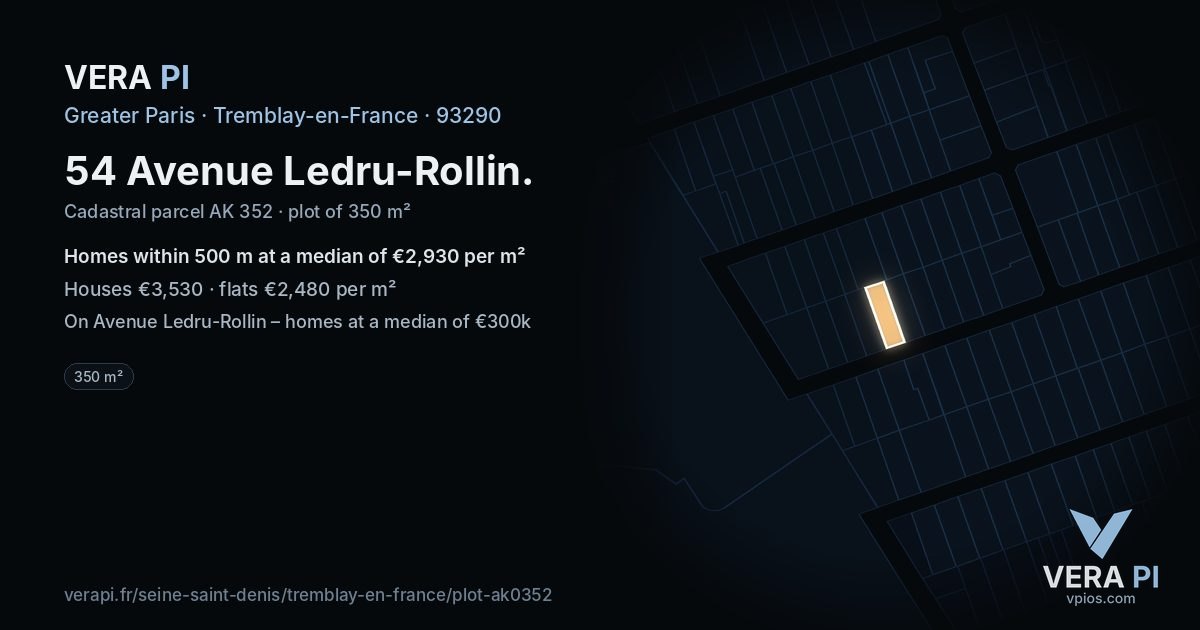 54 Avenue Ledru-Rollin, Tremblay-en-France at night – the plot lit, the parcels around coloured by the prices near them