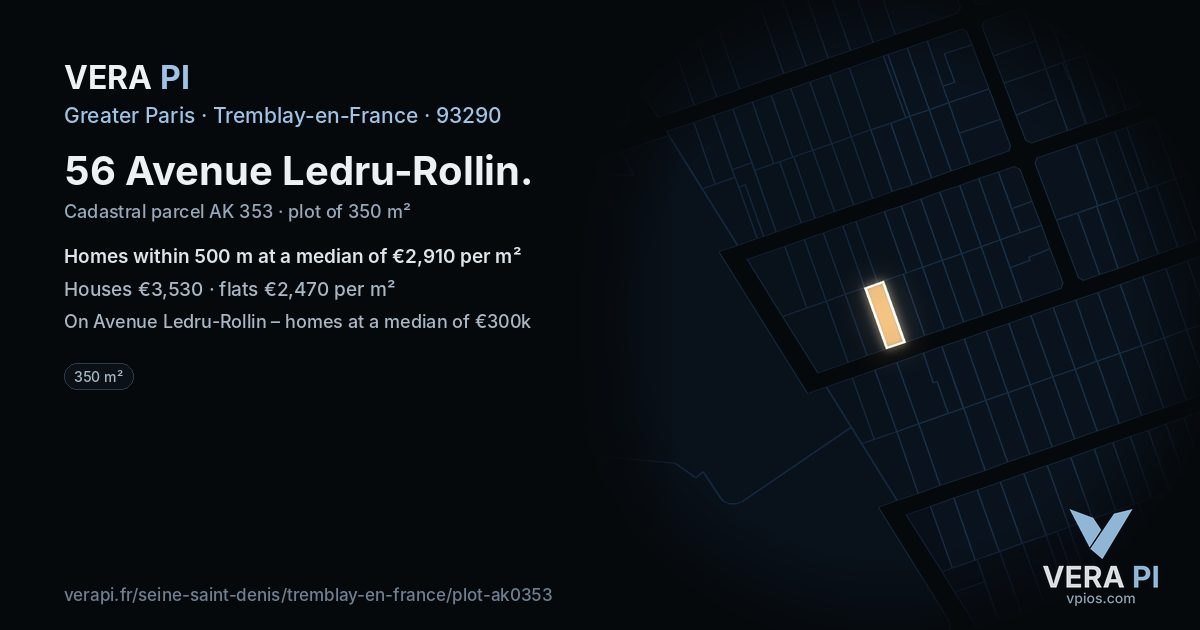 56 Avenue Ledru-Rollin, Tremblay-en-France at night – the plot lit, the parcels around coloured by the prices near them