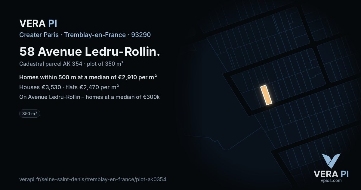 58 Avenue Ledru-Rollin, Tremblay-en-France at night – the plot lit, the parcels around coloured by the prices near them