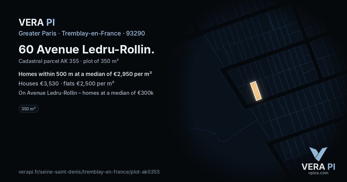60 Avenue Ledru-Rollin, Tremblay-en-France at night – the plot lit, the parcels around coloured by the prices near them