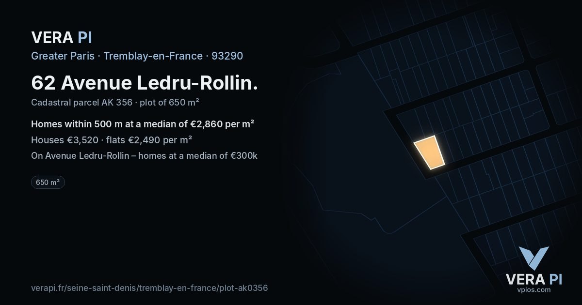 62 Avenue Ledru-Rollin, Tremblay-en-France at night – the plot lit, the parcels around coloured by the prices near them