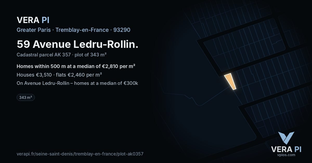 59 Avenue Ledru-Rollin, Tremblay-en-France at night – the plot lit, the parcels around coloured by the prices near them