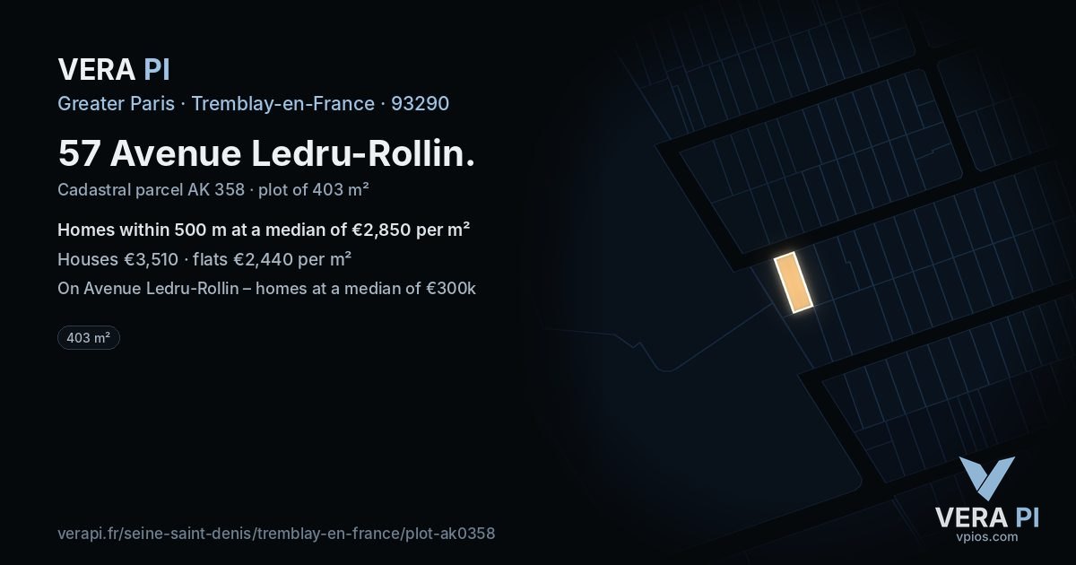 57 Avenue Ledru-Rollin, Tremblay-en-France at night – the plot lit, the parcels around coloured by the prices near them