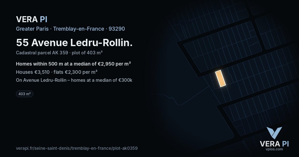 55 Avenue Ledru-Rollin, Tremblay-en-France at night – the plot lit, the parcels around coloured by the prices near them