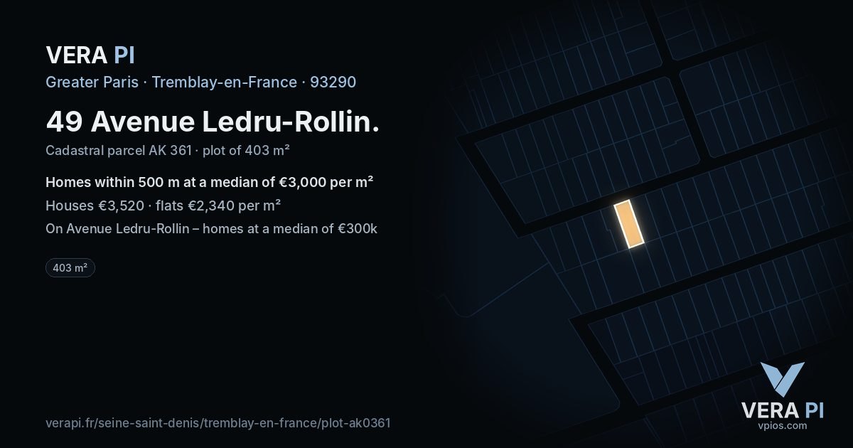 49 Avenue Ledru-Rollin, Tremblay-en-France at night – the plot lit, the parcels around coloured by the prices near them