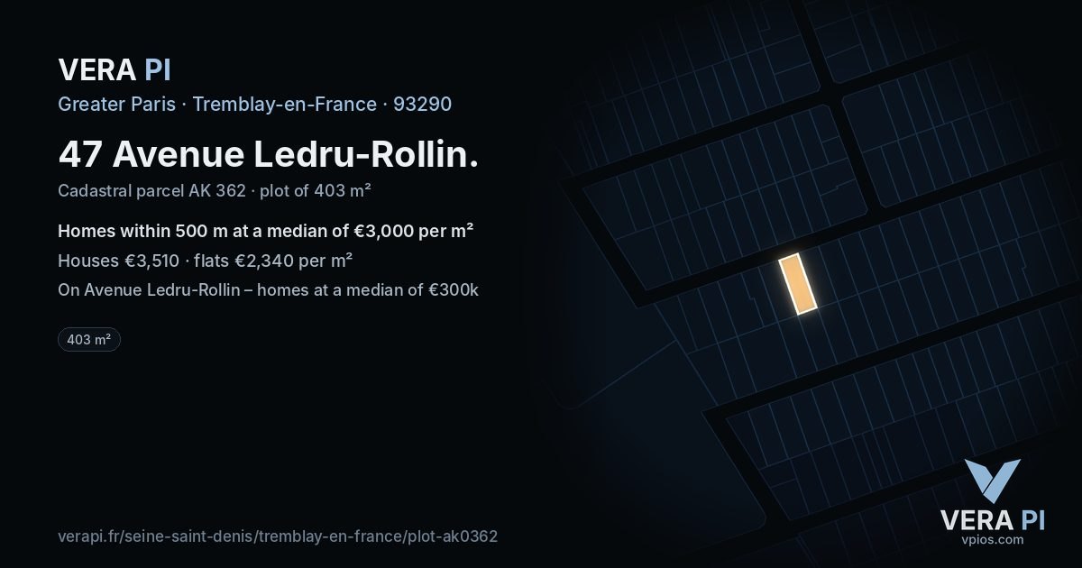 47 Avenue Ledru-Rollin, Tremblay-en-France at night – the plot lit, the parcels around coloured by the prices near them