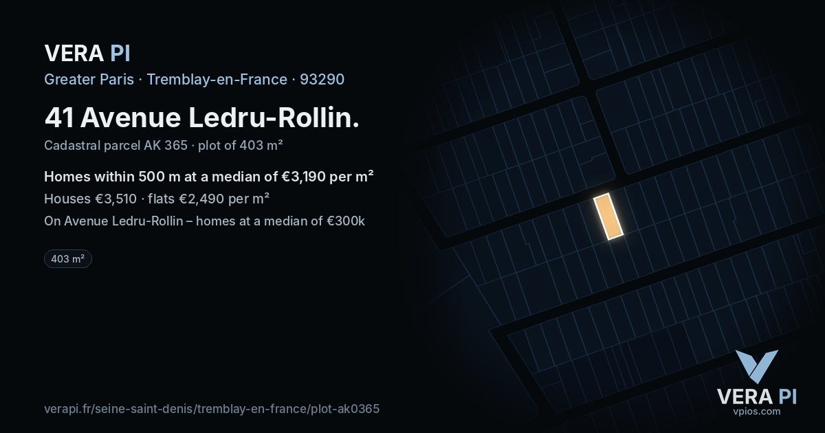 41 Avenue Ledru-Rollin, Tremblay-en-France at night – the plot lit, the parcels around coloured by the prices near them