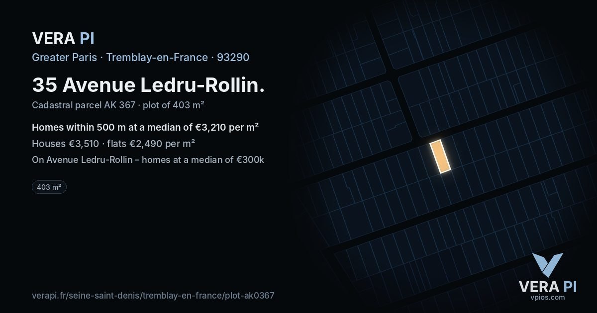 35 Avenue Ledru-Rollin, Tremblay-en-France at night – the plot lit, the parcels around coloured by the prices near them