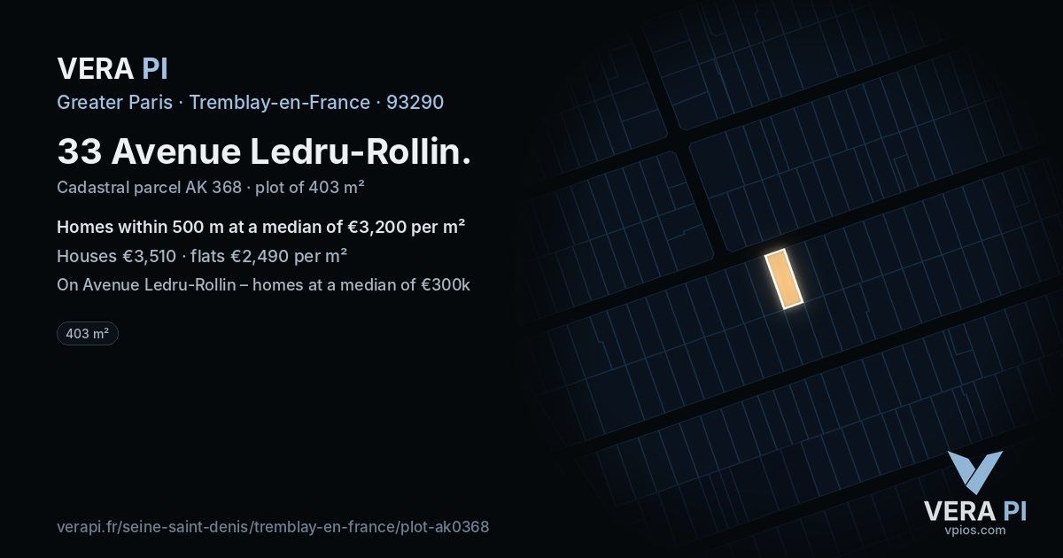 33 Avenue Ledru-Rollin, Tremblay-en-France at night – the plot lit, the parcels around coloured by the prices near them