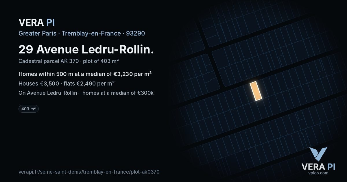 29 Avenue Ledru-Rollin, Tremblay-en-France at night – the plot lit, the parcels around coloured by the prices near them