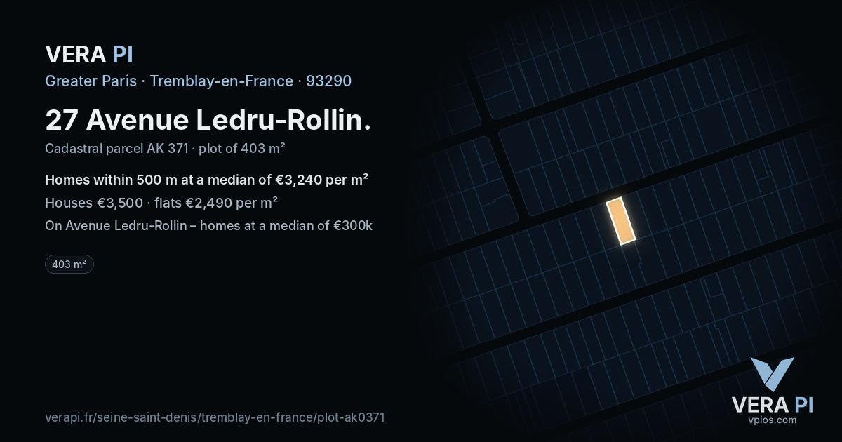 27 Avenue Ledru-Rollin, Tremblay-en-France at night – the plot lit, the parcels around coloured by the prices near them
