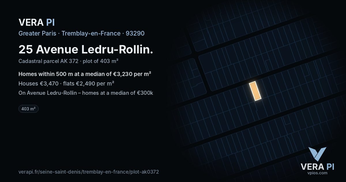25 Avenue Ledru-Rollin, Tremblay-en-France at night – the plot lit, the parcels around coloured by the prices near them