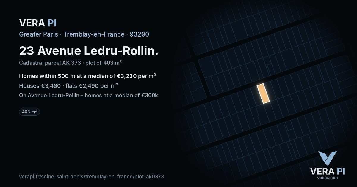 23 Avenue Ledru-Rollin, Tremblay-en-France at night – the plot lit, the parcels around coloured by the prices near them