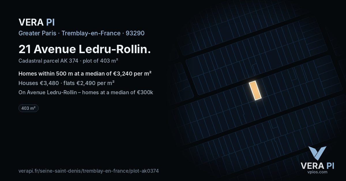 21 Avenue Ledru-Rollin, Tremblay-en-France at night – the plot lit, the parcels around coloured by the prices near them