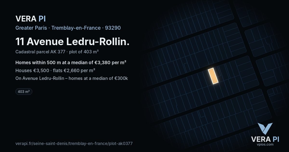 11 Avenue Ledru-Rollin, Tremblay-en-France at night – the plot lit, the parcels around coloured by the prices near them