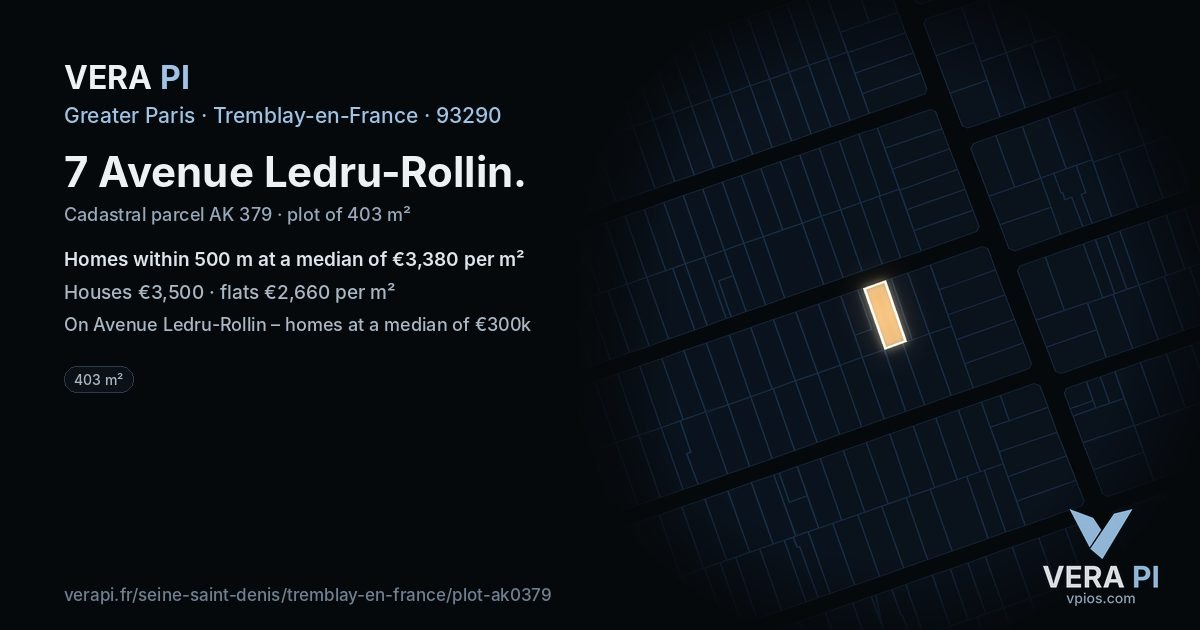 7 Avenue Ledru-Rollin, Tremblay-en-France at night – the plot lit, the parcels around coloured by the prices near them