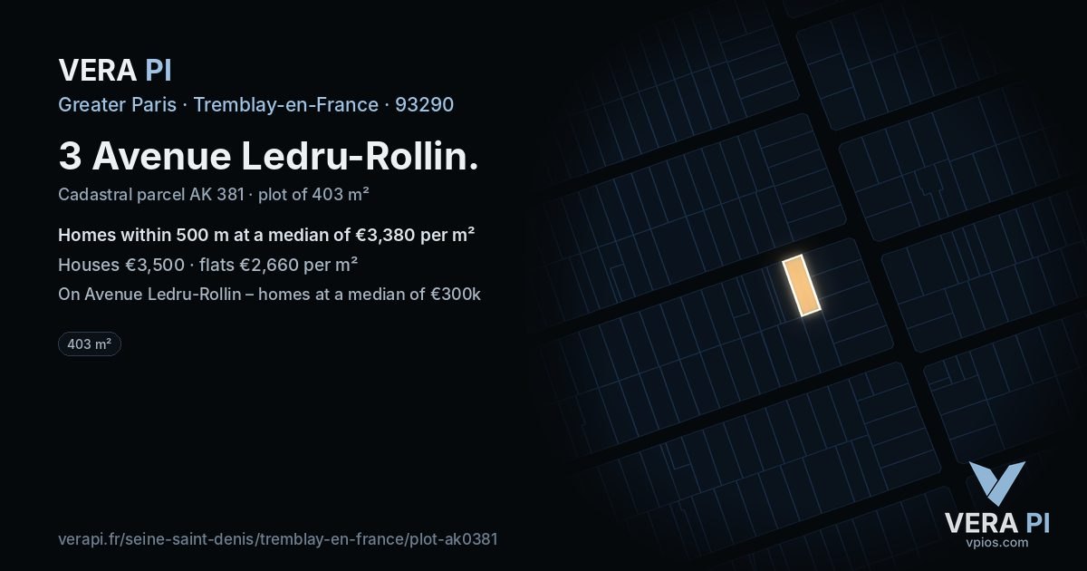 3 Avenue Ledru-Rollin, Tremblay-en-France at night – the plot lit, the parcels around coloured by the prices near them