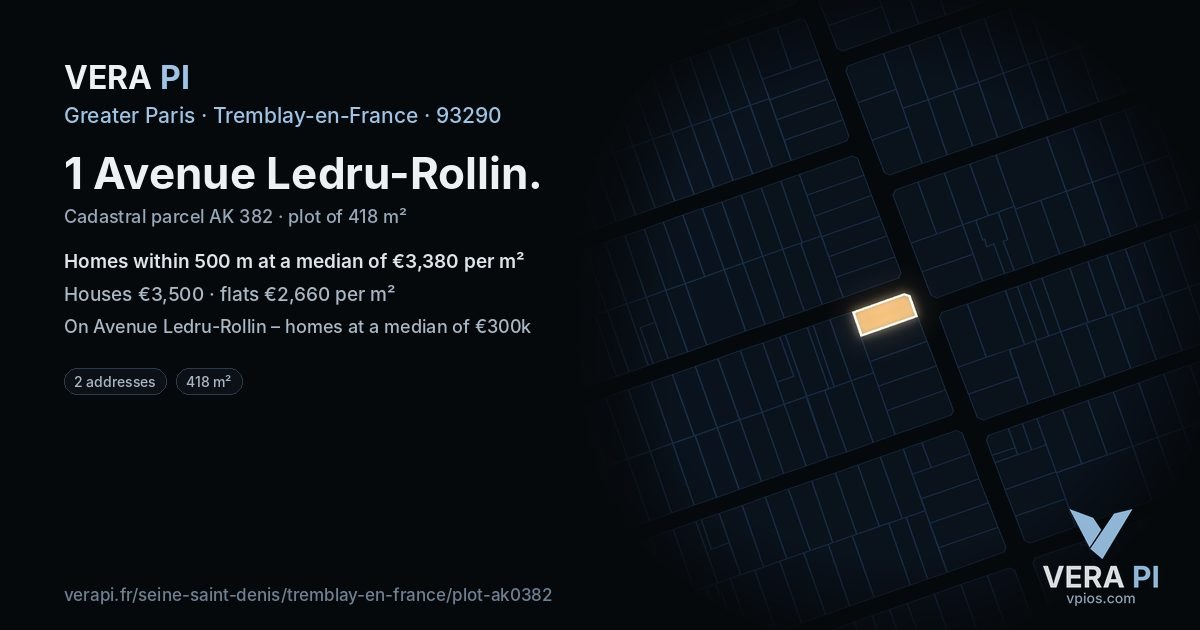1 Avenue Ledru-Rollin, Tremblay-en-France at night – the plot lit, the parcels around coloured by the prices near them