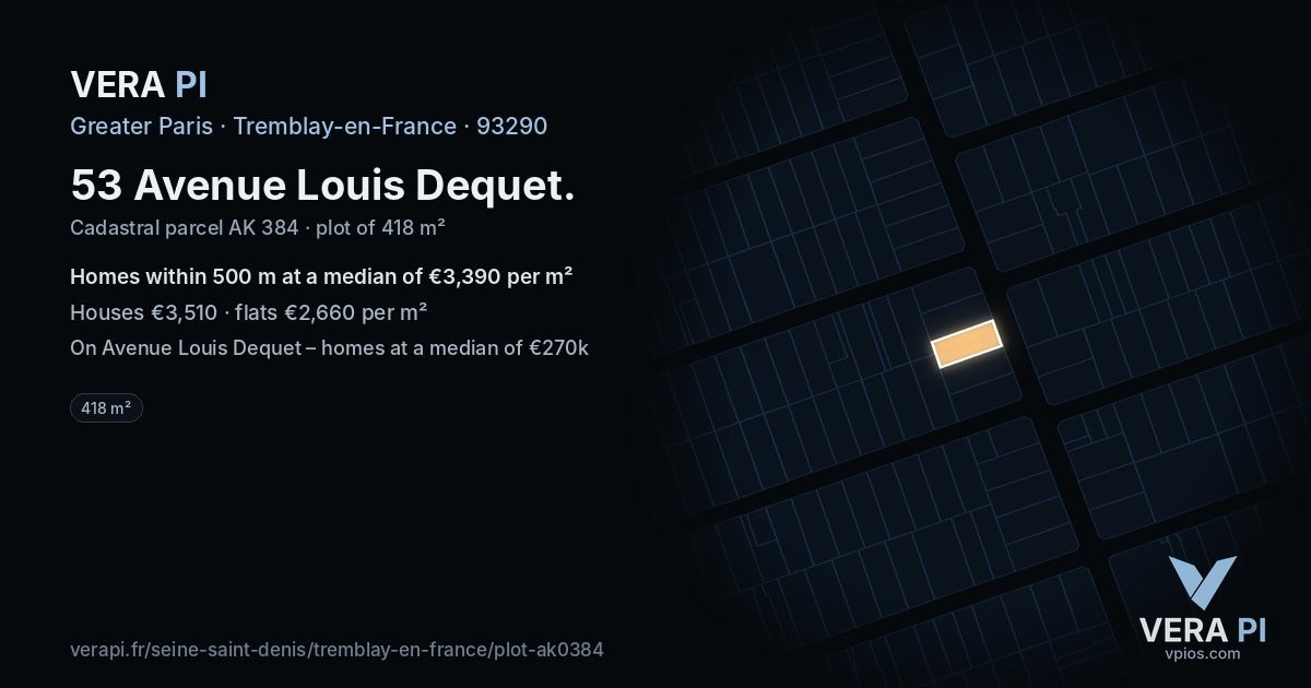53 Avenue Louis Dequet, Tremblay-en-France at night – the plot lit, the parcels around coloured by the prices near them