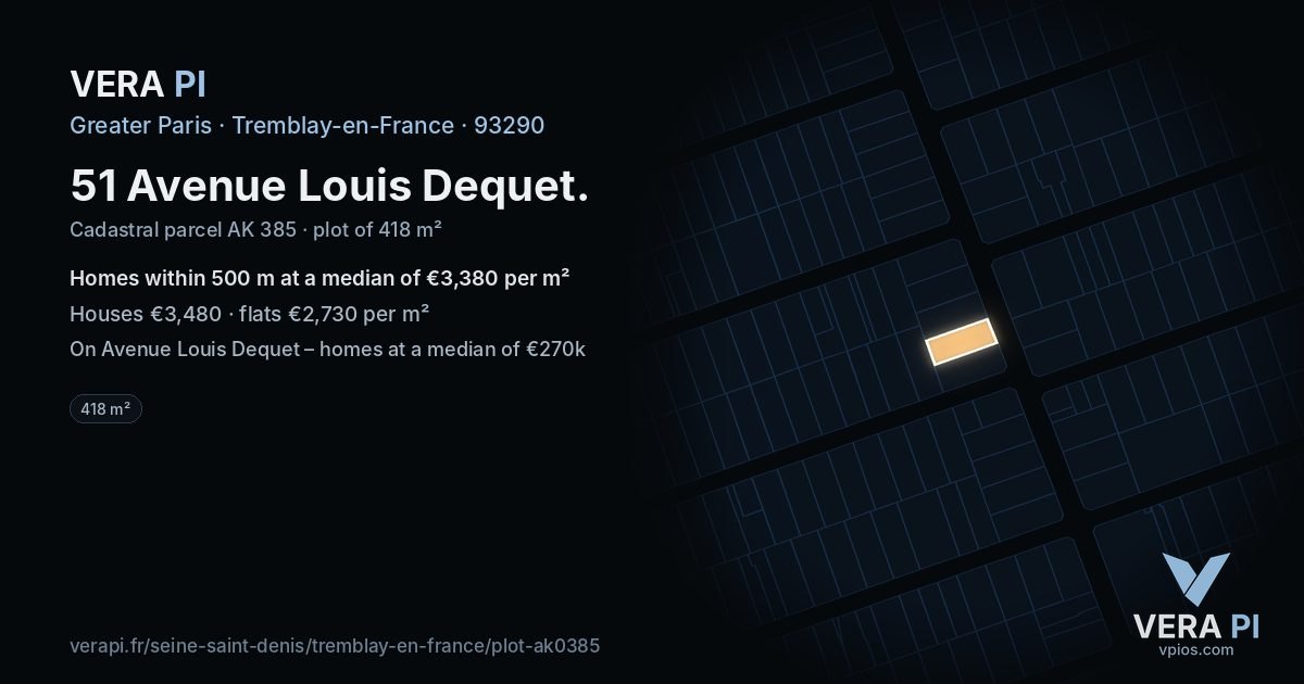 51 Avenue Louis Dequet, Tremblay-en-France at night – the plot lit, the parcels around coloured by the prices near them