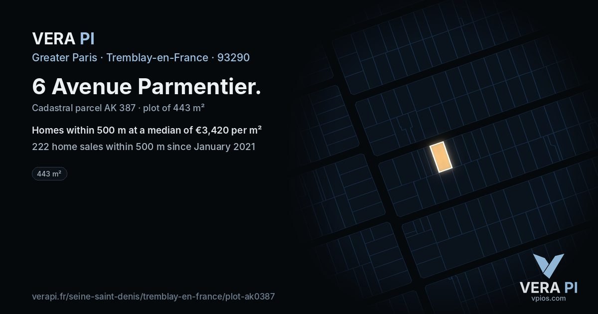 6 Avenue Parmentier, Tremblay-en-France at night – the plot lit, the parcels around coloured by the prices near them