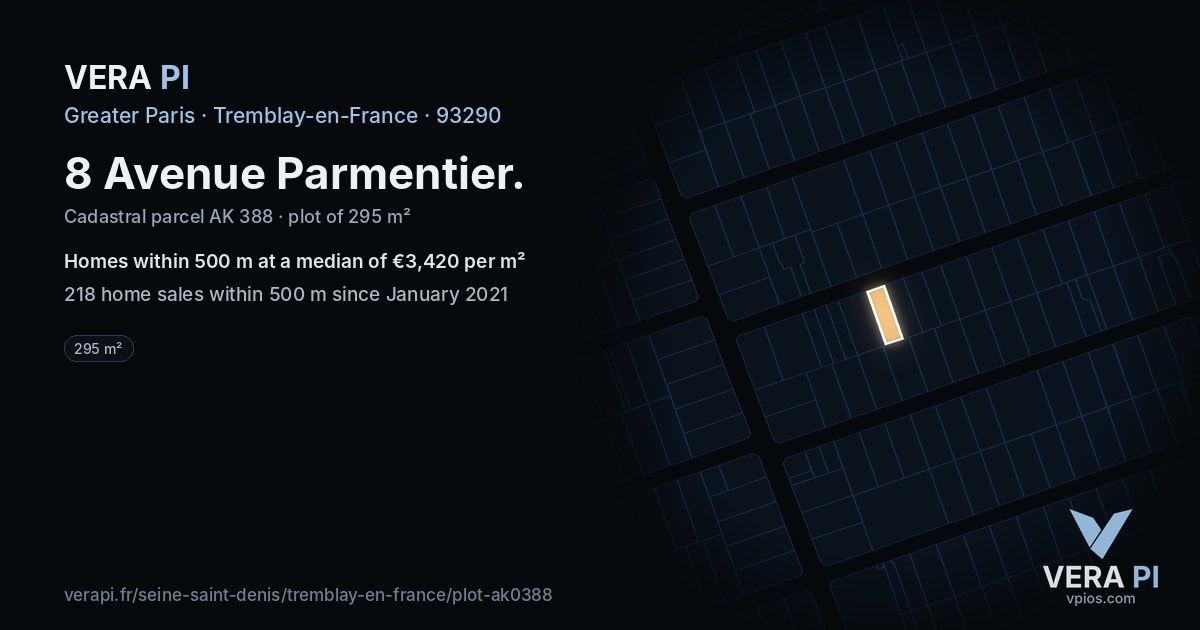 8 Avenue Parmentier, Tremblay-en-France at night – the plot lit, the parcels around coloured by the prices near them