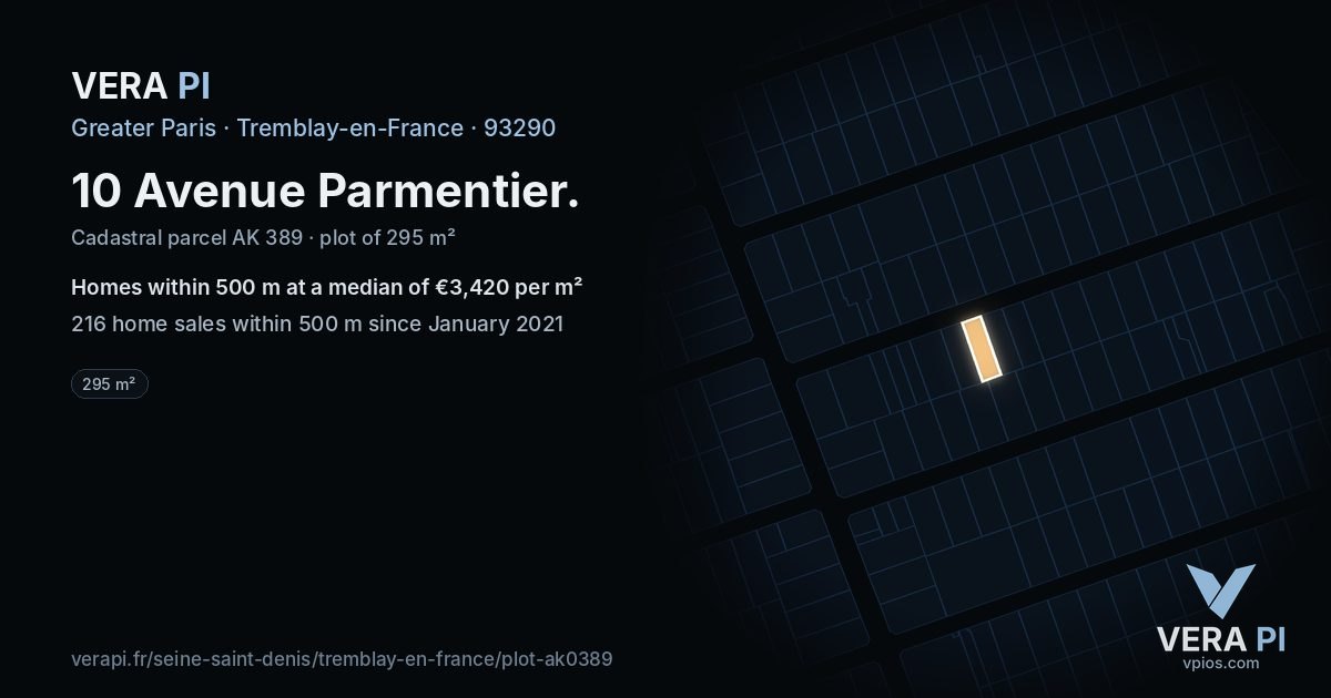 10 Avenue Parmentier, Tremblay-en-France at night – the plot lit, the parcels around coloured by the prices near them