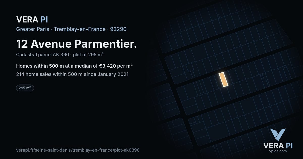 12 Avenue Parmentier, Tremblay-en-France at night – the plot lit, the parcels around coloured by the prices near them
