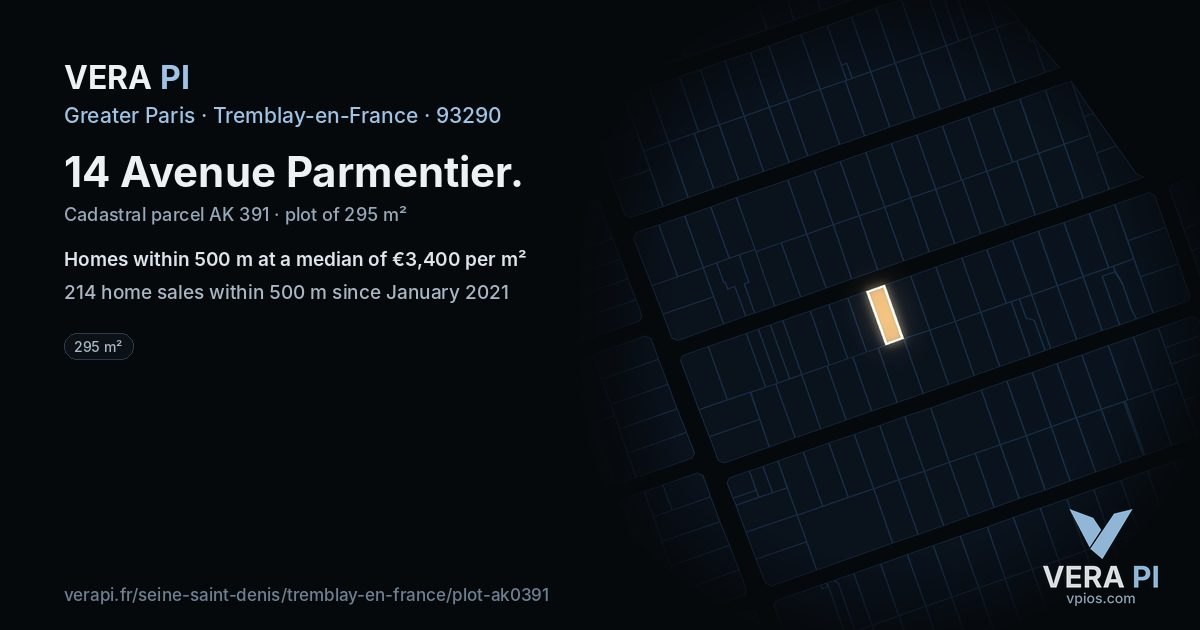 14 Avenue Parmentier, Tremblay-en-France at night – the plot lit, the parcels around coloured by the prices near them