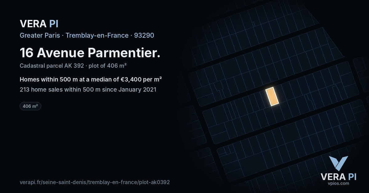 16 Avenue Parmentier, Tremblay-en-France at night – the plot lit, the parcels around coloured by the prices near them