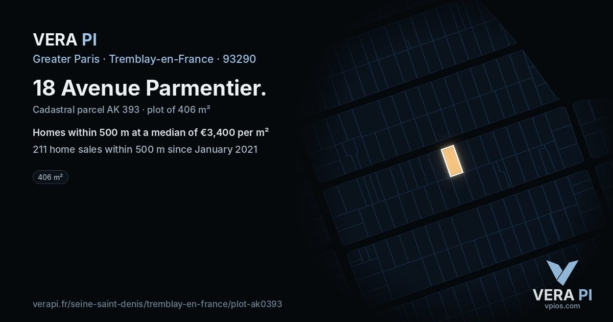 18 Avenue Parmentier, Tremblay-en-France at night – the plot lit, the parcels around coloured by the prices near them